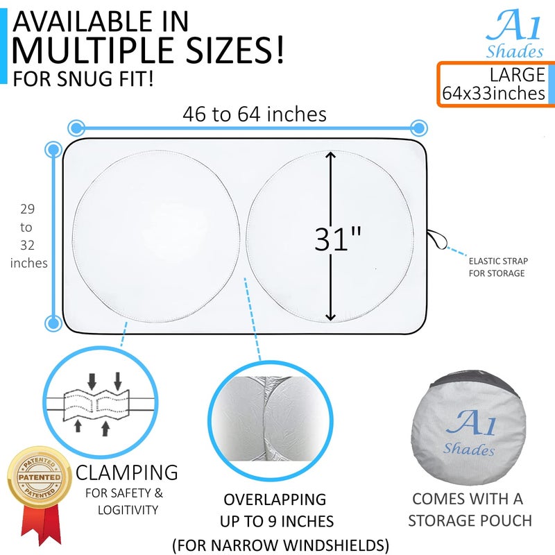 A1 Shades Car Windshield Sunshade with Storage Pouch by A1 Sun Shade Foldable Automotive Car Truck SUV Front Window Shield Blocker Visor Protector Cover for Interior Accessories for Heat Large - Image 2